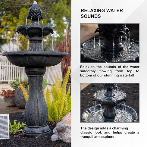 XBrand 44" H Black Fiberglass/Resin 2-Tier Solar Water Fountain with Auto-Shut Off Pump, Tall Outdoor Fountain, Two Tiered Birdbath in Saudi Arabia