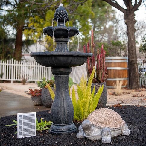 XBrand 44" H Black Fiberglass/Resin 2-Tier Solar Water Fountain with Auto-Shut Off Pump, Tall Outdoor Fountain, Two Tiered Birdbath in Saudi Arabia