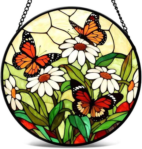 Stained Glass Window Hanging-Daisy & Butterfly Design，Suncatcher for Window, for Christmas, Mother's Day Birthday and Garden Lovers in Saudi Arabia