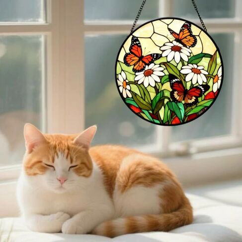 Stained Glass Window Hanging-Daisy & Butterfly Design，Suncatcher for Window, for Christmas, Mother's Day Birthday and Garden Lovers in Saudi Arabia