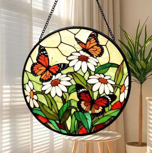 Stained Glass Window Hanging-Daisy & Butterfly Design，Suncatcher for Window, for Christmas, Mother's Day Birthday and Garden Lovers in Saudi Arabia