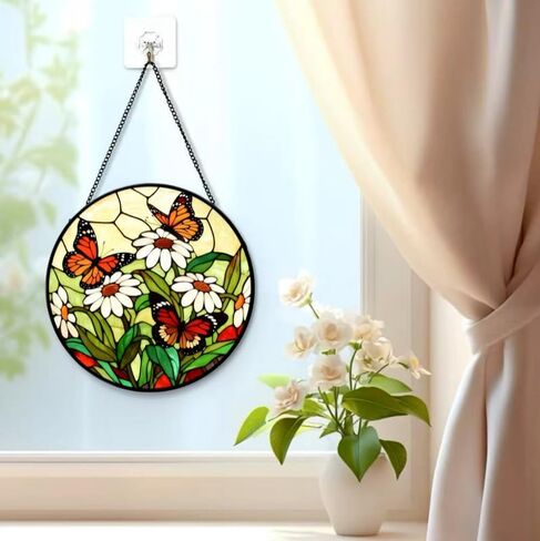 Stained Glass Window Hanging-Daisy & Butterfly Design，Suncatcher for Window, for Christmas, Mother's Day Birthday and Garden Lovers in Saudi Arabia