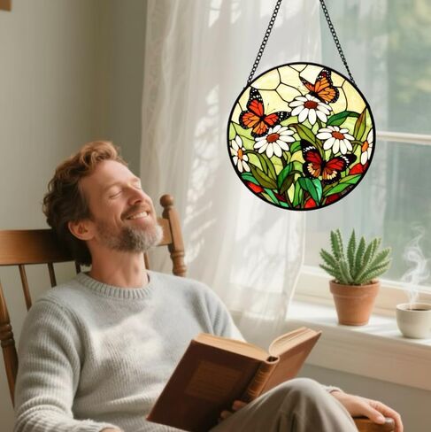 Stained Glass Window Hanging-Daisy & Butterfly Design，Suncatcher for Window, for Christmas, Mother's Day Birthday and Garden Lovers in Saudi Arabia