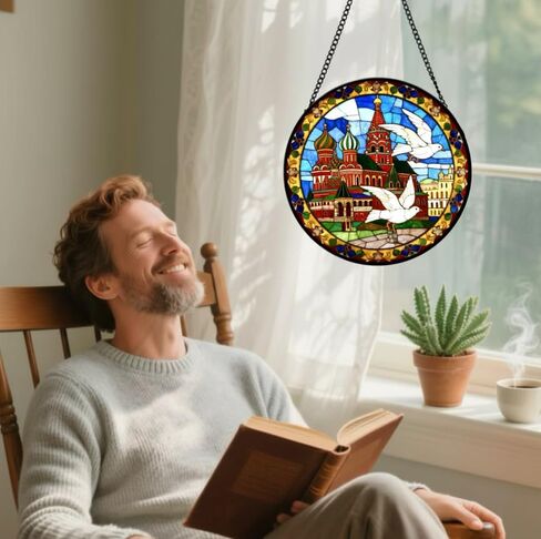 Stained Glass Window Hanging-Russian Cathedral & Dove Design，Suncatcher for Window, for Christmas, Mother's Day Birthday and ravel Lovers in Saudi Arabia