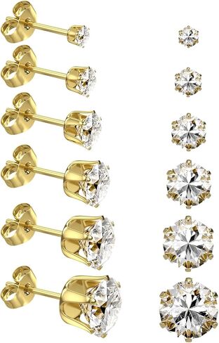 6 Pairs Stainless Steel Stud Earrings Set, Silver 14K Gold Plated 316L Stainless Steel Hypoallergenic Cubic Zirconia CZ Earring for Women Men 3-8mm in Saudi Arabia