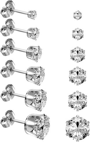 6 Pairs Stainless Steel Stud Earrings Set, Silver 14K Gold Plated 316L Stainless Steel Hypoallergenic Cubic Zirconia CZ Earring for Women Men 3-8mm in Saudi Arabia