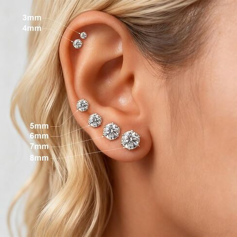6 Pairs Stainless Steel Stud Earrings Set, Silver 14K Gold Plated 316L Stainless Steel Hypoallergenic Cubic Zirconia CZ Earring for Women Men 3-8mm in Saudi Arabia