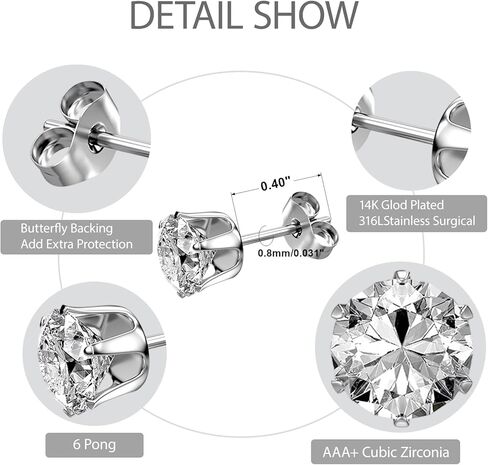 6 Pairs Stainless Steel Stud Earrings Set, Silver 14K Gold Plated 316L Stainless Steel Hypoallergenic Cubic Zirconia CZ Earring for Women Men 3-8mm in Saudi Arabia