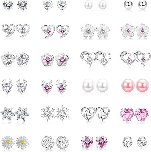 24 Pairs 925 Sterling Silver Stud Earrings Set Cubic Zirconia Earring Pearl Crystal Round Heart Shape CZ Flower Stud Earrings Jewelry for Women in Saudi Arabia