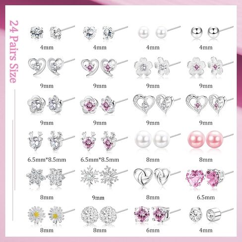 24 Pairs 925 Sterling Silver Stud Earrings Set Cubic Zirconia Earring Pearl Crystal Round Heart Shape CZ Flower Stud Earrings Jewelry for Women in Saudi Arabia