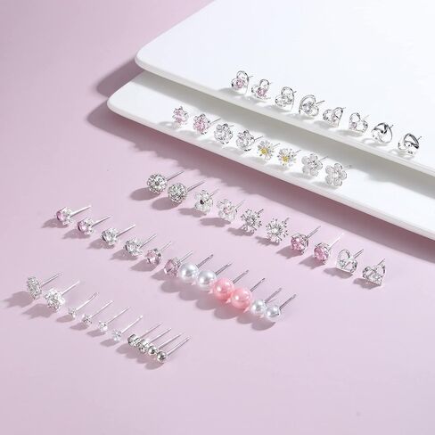 24 Pairs 925 Sterling Silver Stud Earrings Set Cubic Zirconia Earring Pearl Crystal Round Heart Shape CZ Flower Stud Earrings Jewelry for Women in Saudi Arabia