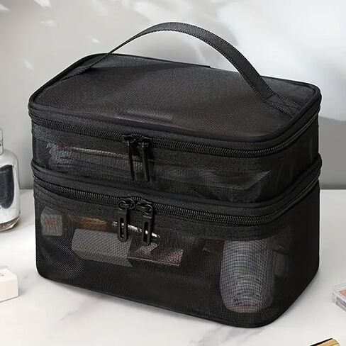 Travel Makeup Bag, Double Layer Cosmetic Bag, Mesh Cosmetic Bag with Handle, Portable Travel Cosmetic Case Organizer for Women-Black in Saudi Arabia