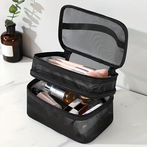 Travel Makeup Bag, Double Layer Cosmetic Bag, Mesh Cosmetic Bag with Handle, Portable Travel Cosmetic Case Organizer for Women-Black in Saudi Arabia