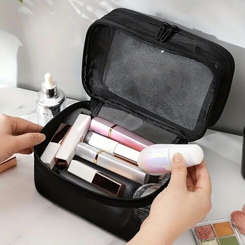 Travel Makeup Bag, Double Layer Cosmetic Bag, Mesh Cosmetic Bag with Handle, Portable Travel Cosmetic Case Organizer for Women-Black in Saudi Arabia