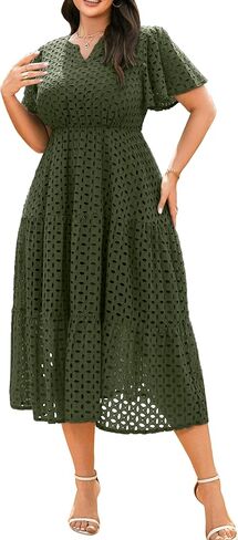 RWJ Womens 2026 Spring Plus Size Wedding Guest Dresses Short Sleeve V Neck Hollow Out Eyelet A Line Flowy Maxi Dress in Saudi Arabia