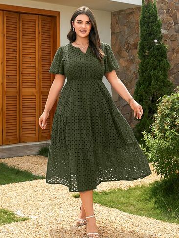 RWJ Womens 2026 Spring Plus Size Wedding Guest Dresses Short Sleeve V Neck Hollow Out Eyelet A Line Flowy Maxi Dress in Saudi Arabia