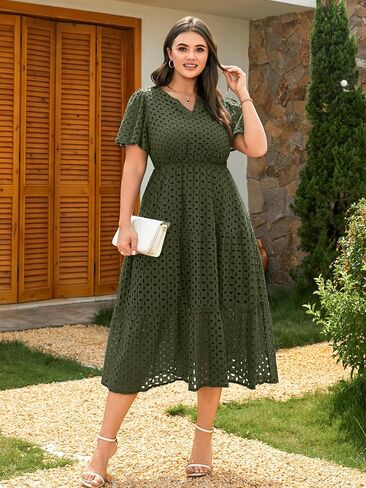 RWJ Womens 2026 Spring Plus Size Wedding Guest Dresses Short Sleeve V Neck Hollow Out Eyelet A Line Flowy Maxi Dress in Saudi Arabia