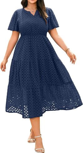 RWJ Womens 2026 Spring Plus Size Wedding Guest Dresses Short Sleeve V Neck Hollow Out Eyelet A Line Flowy Maxi Dress in Saudi Arabia