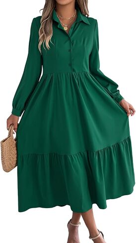 Famnbro Women Casual Shirt Dress Collared Button Down Long Sleeve Ruffle Flowy Maxi Spring Wedding Guest Vacation Dresses in Saudi Arabia