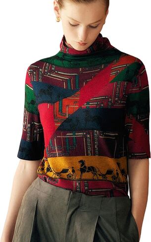 Women's Casual Sweaters Knitted Women's 2025 Fall Tops Pull-Over Long Sleeve Jacquard Mock-Neck 100% Merino Wool Sweater in Saudi Arabia