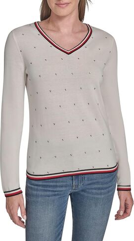 Tommy Hilfiger Womens Long Sleeve V-Neck Hotfix Pullover Sweater in Saudi Arabia