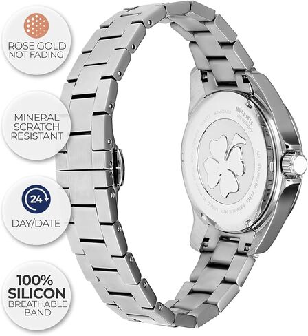 ساعات MULCO للنساء، Lady Ilusion، هيكل من الفولاذ المقاوم للصدأ مع سوار معصم من السيليكون، حركة كوارتز متعددة الوظائف، شاشة عرض تناظرية كبيرة للوجه مع أم اللؤلؤ والذهب الوردي - مقاومة للماء حتى 100 متر in Kuwait