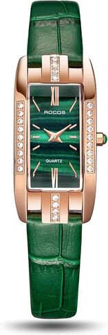 ساعة نسائية أنيقة - مينا أخضر وحزام جلدي وهيكل ذهبي وردي، ساعة كوارتز تناظرية، ساعة يد نسائية أنيقة مقاومة للماء هدية للنساء RW0209S in Kuwait