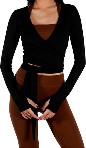 Women's Ballet Wrap Tops V Neck Long Sleeve Self Tie Slim Fit Workout Pilates Yoga Tops Dance Shirt in Kuwait