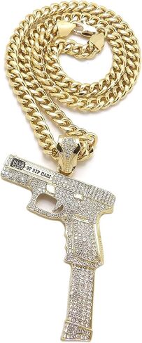 Iced Glizzy Gang Gun Pendant 6mm 18" 20" 24" 30" Cuban Chain Hip Hop Necklace RC4310 (Gold, 18) in Saudi Arabia