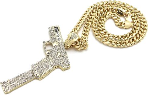 Iced Glizzy Gang Gun Pendant 6mm 18" 20" 24" 30" Cuban Chain Hip Hop Necklace RC4310 (Gold, 18) in Saudi Arabia