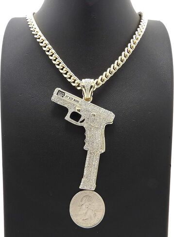 Iced Glizzy Gang Gun Pendant 6mm 18" 20" 24" 30" Cuban Chain Hip Hop Necklace RC4310 (Gold, 18) in Saudi Arabia
