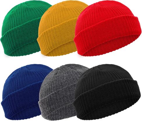 6 Pieces Short Fisherman Beanie for Men Women Roll-up Edge Knit Elastic Cap Winter Warm Hat in Saudi Arabia