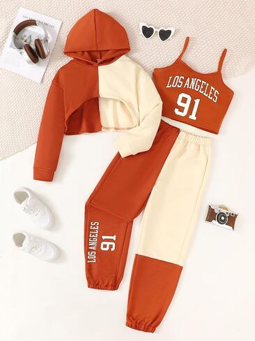 Girls 3 Piece Outfit Patchwork Letter Print Sweatshirt and Pants Fall Winter Cute Hoodie Clothing Sets Size 8-12 Years in Saudi Arabia