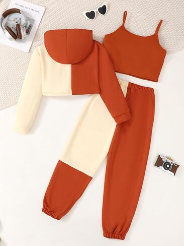 Girls 3 Piece Outfit Patchwork Letter Print Sweatshirt and Pants Fall Winter Cute Hoodie Clothing Sets Size 8-12 Years in Saudi Arabia