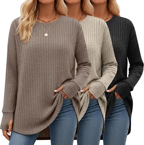 3 Pack Women's Long Sleeve Tops with Thumb Hole Ribbed Crew Neck Loose Fit Shirts Fall Winter Clothes Outfits in Saudi Arabia
