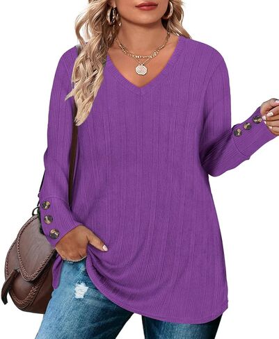 RITERA Plus Size Tops for Women Vintage Waffle Tunic Tops V Neck Shirts Solid Color T-Shirts XL-5XL in Saudi Arabia