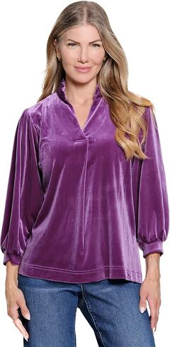 John-Mark Ruffle Collar Velvet Top with 3/4 Sleeves in Saudi Arabia