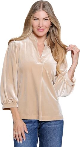 John-Mark Ruffle Collar Velvet Top with 3/4 Sleeves in Saudi Arabia