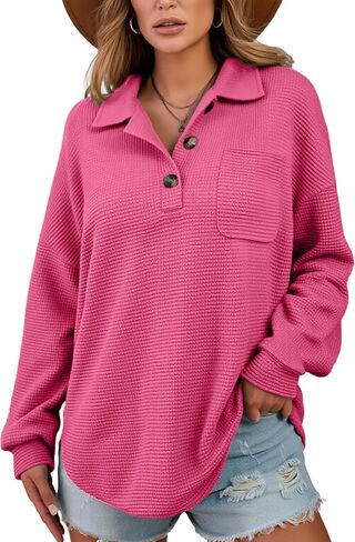 Halife المرأة الهراء متماسكة قمم زر أسفل الخامس الرقبة طويلة الأكمام هينلي قمصان فضفاضة عارضة الخريف تونك البلوزات مع جيوب in Kuwait