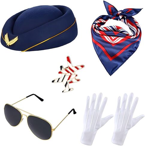 Flight Attendant Costume Accessories Set Hat Scarf Sunglasses Gloves Airplane Pin Air Hostess Cosplay Halloween in Saudi Arabia