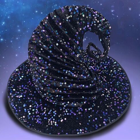 Halloween Costume Party Sequins Witch Hat Women Girl Wide Brim Taper Spire Men Wizard Pointed Cap Gifts in Saudi Arabia