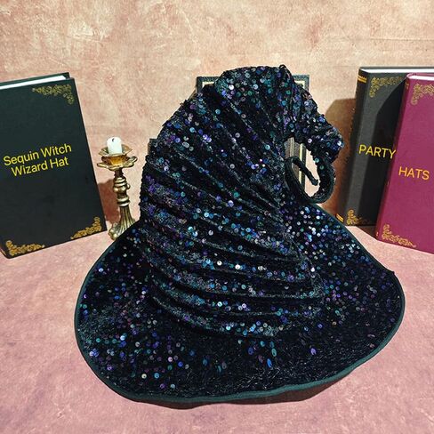 Halloween Costume Party Sequins Witch Hat Women Girl Wide Brim Taper Spire Men Wizard Pointed Cap Gifts in Saudi Arabia