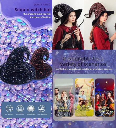 Halloween Costume Party Sequins Witch Hat Women Girl Wide Brim Taper Spire Men Wizard Pointed Cap Gifts in Saudi Arabia