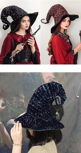 Halloween Costume Party Sequins Witch Hat Women Girl Wide Brim Taper Spire Men Wizard Pointed Cap Gifts in Saudi Arabia