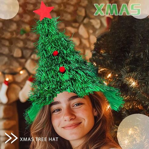 قبعة شجرة الكريسماس باللون الأخضر، قبعات عيد الميلاد، قبعة سانتا مع كرة نجمة، حفلة عيد الميلاد، إكسسوارات الشعر للنساء in Kuwait