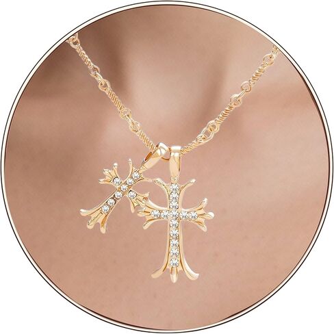 Cross Necklace 14K Gold Plated Double Cross Pendant Necklace Dainty Diamond Cross Charm Link Chain Choker Delicate Faith Jewelry Religious Gifts for Women or Friends in Saudi Arabia
