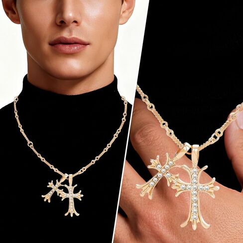 Cross Necklace 14K Gold Plated Double Cross Pendant Necklace Dainty Diamond Cross Charm Link Chain Choker Delicate Faith Jewelry Religious Gifts for Women or Friends in Saudi Arabia