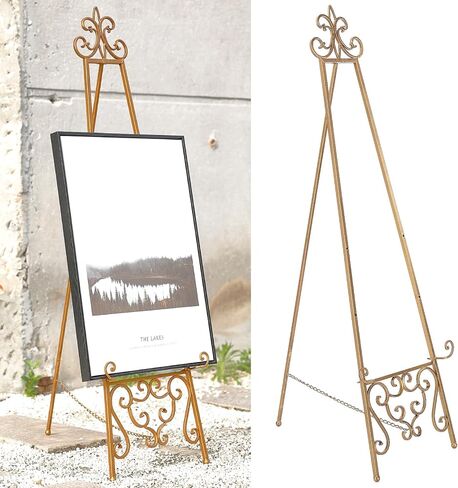Gold Easel Stand for Sign, Adjustable Height Metal Easel Display Stand with Chain Support, Heavy Duty Easel for Sign, Wedding, Picture Frame, Mirror. (No Installation Required) in Kuwait