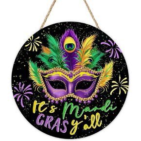 It's Mardi Gras Y'all Feather Mask Front Door Sign, New Orleans Carnival Wood Hanger Outdoor Outside Porch Home Decor, Masquerade Party Firework Wooden Wreath Indoor Wall Hanging Decoration in Saudi Arabia