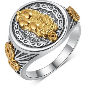 خاتم Feng Shui للرجال - خاتم Pixiu من الفضة الإسترلينية عيار 925 مطلي بالذهب الحقيقي - تعويذة لحماية الثروة - هدايا مجوهرات Fengshui الصينية للنجاح والثروة in Kuwait